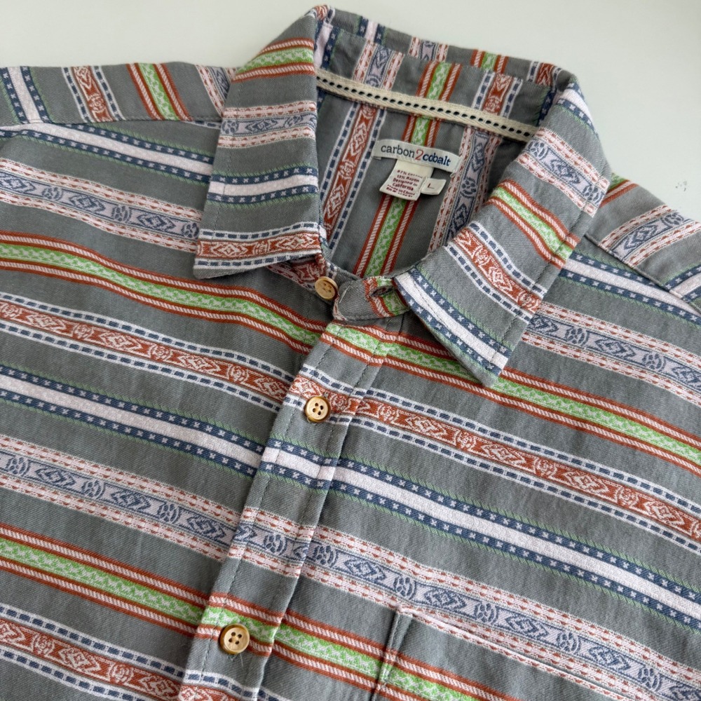 Carbon2Cobalt Striped Aztec Western Print Short Sleeve Button Down Men's Large